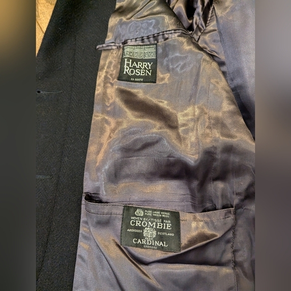 Harry Rosen Crombie Scotland pure virgin wool trench coat black/blue weave Sz M - Picture 12 of 17